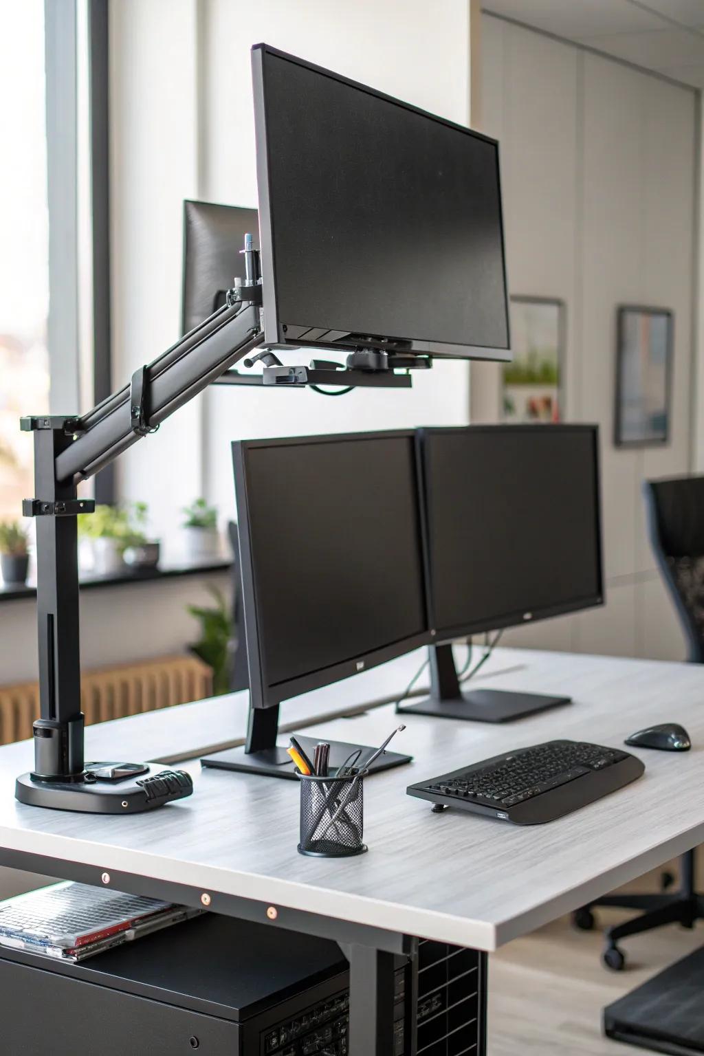 Monitor arms provide ergonomic benefits and additional desk space.