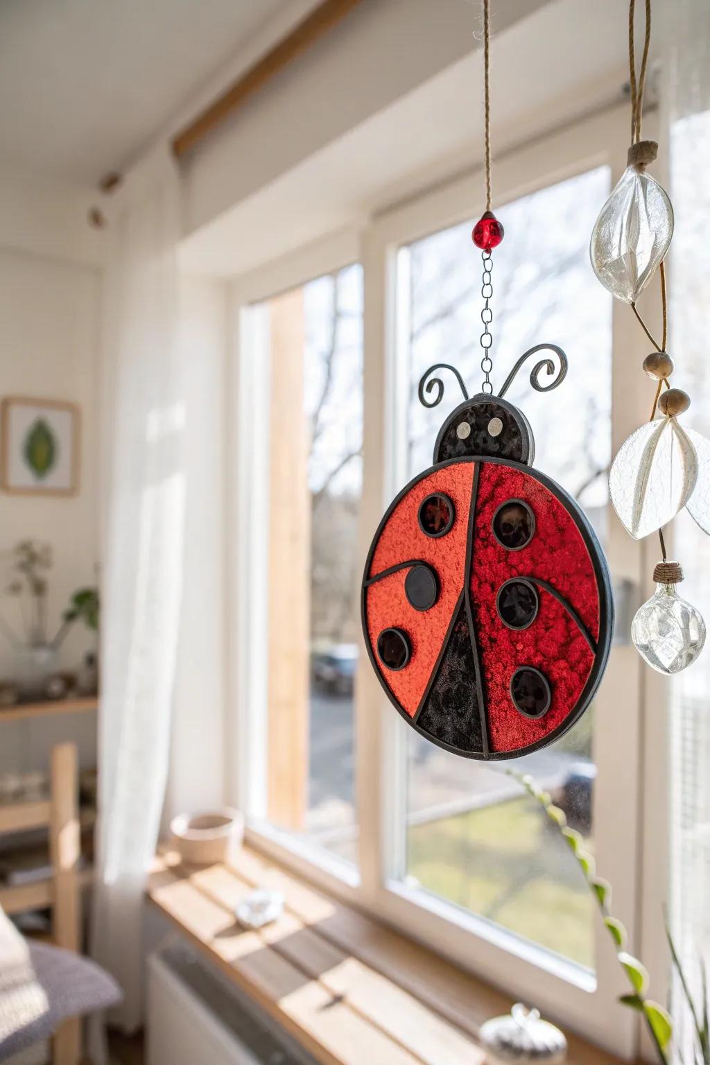 Add a touch of whimsy and natural beauty to your space with this handcrafted ladybug suncatcher.