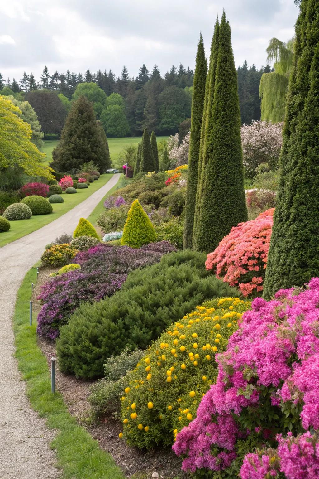 Arborvitae paired with flowering shrubs for a colorful garden.