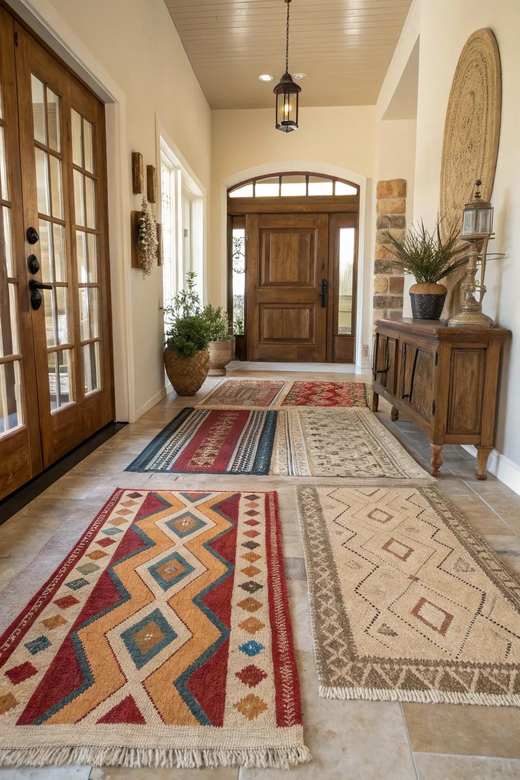 Layered rugs introduce warmth and texture to an entryway.