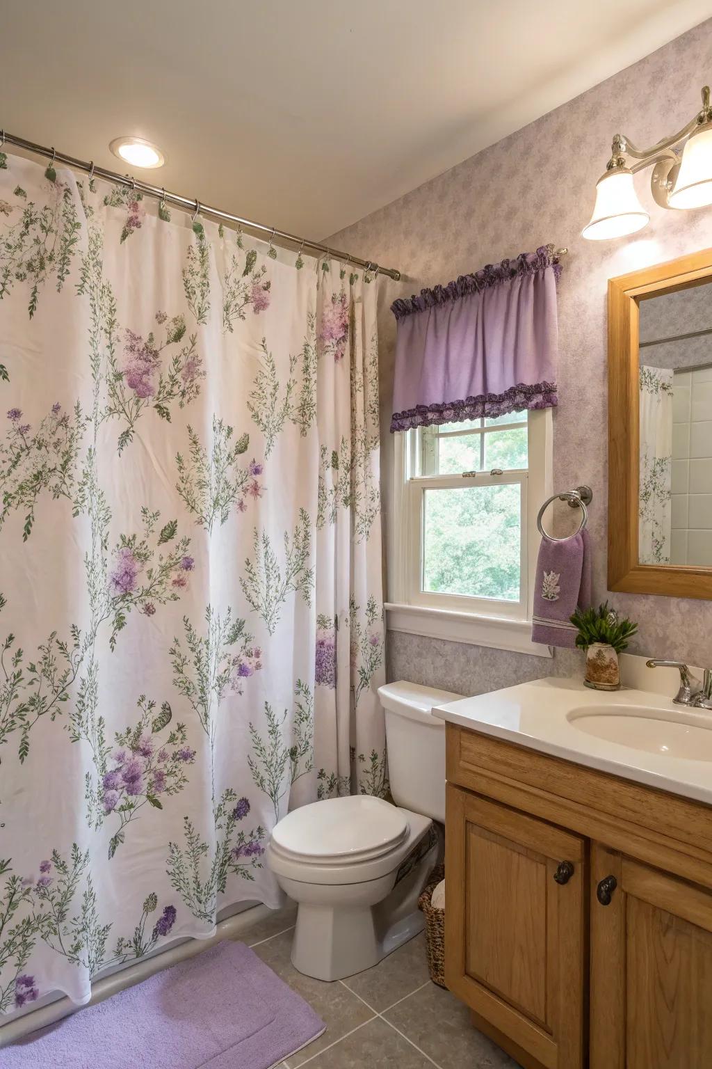 Floral patterns in lavender bring a playful elegance to the space.