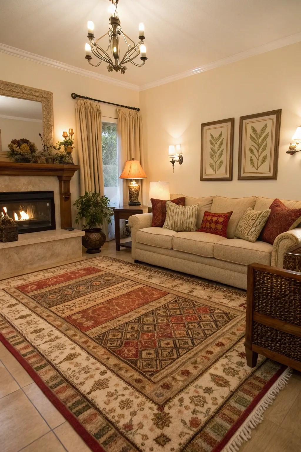 Coordinated colors in layered rugs unify the room's design.