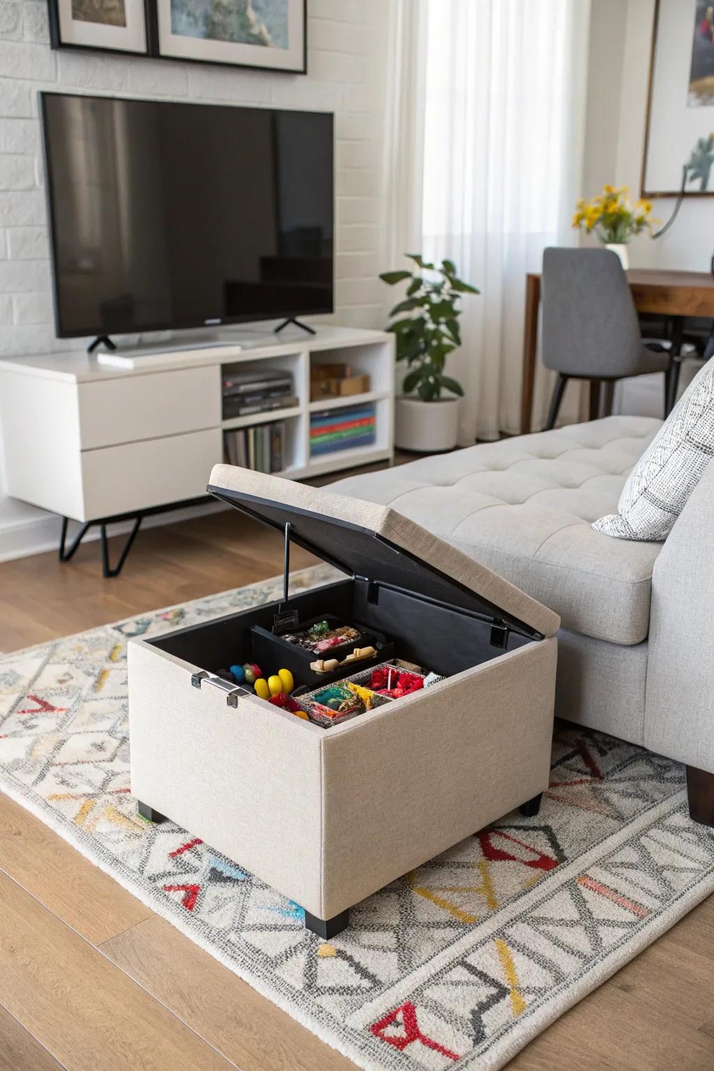 Multi-purpose ottoman for discreet Lego storage.