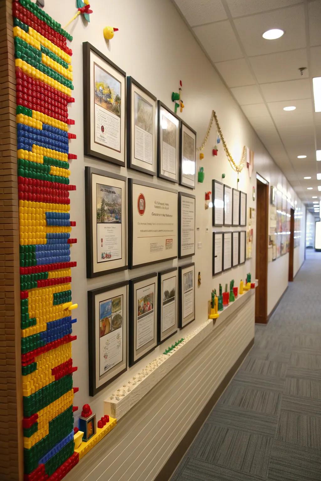 A wall of fame celebrates LEGO creativity in this home's hallway.