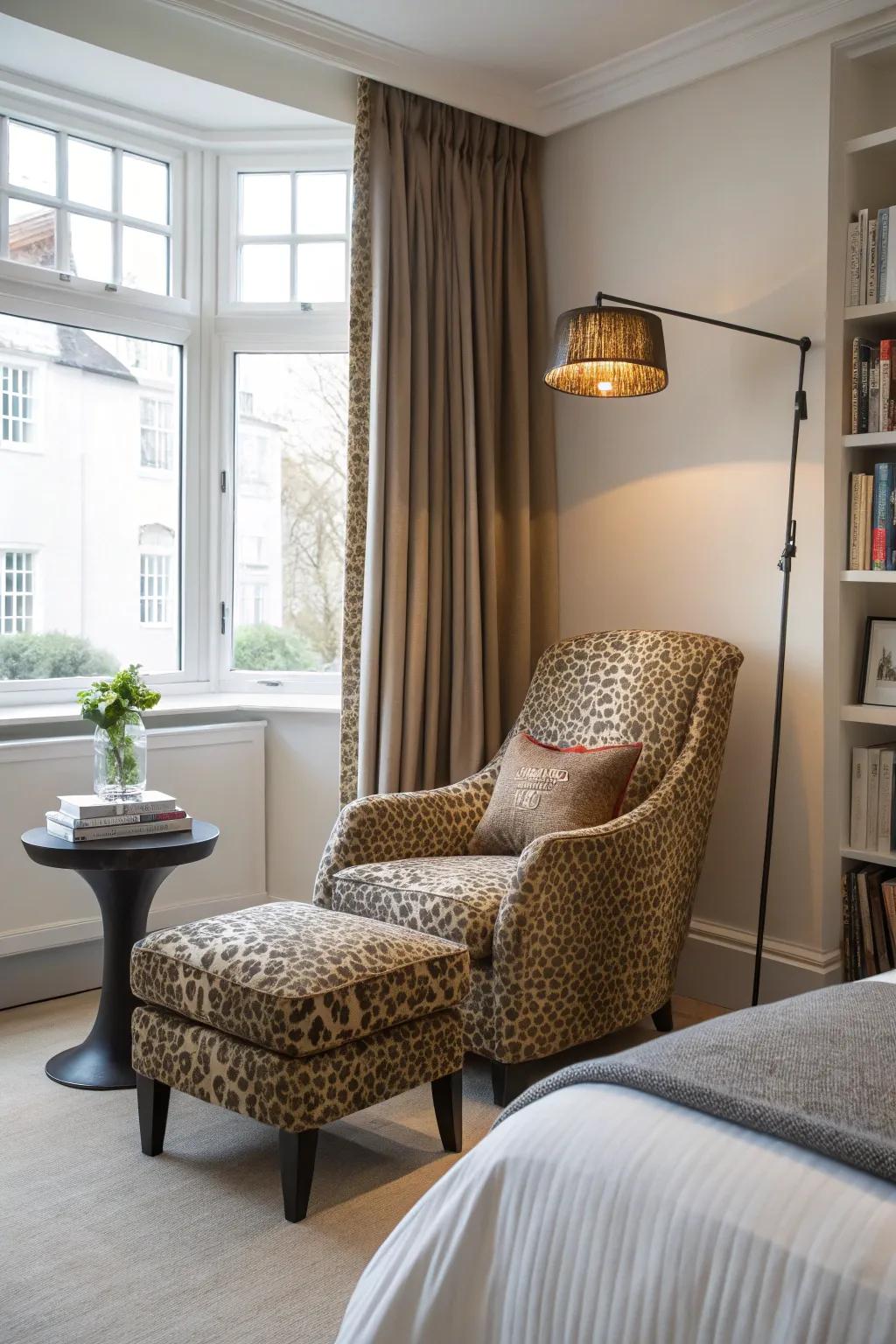 A leopard print accent chair can elevate the style and comfort of your bedroom.