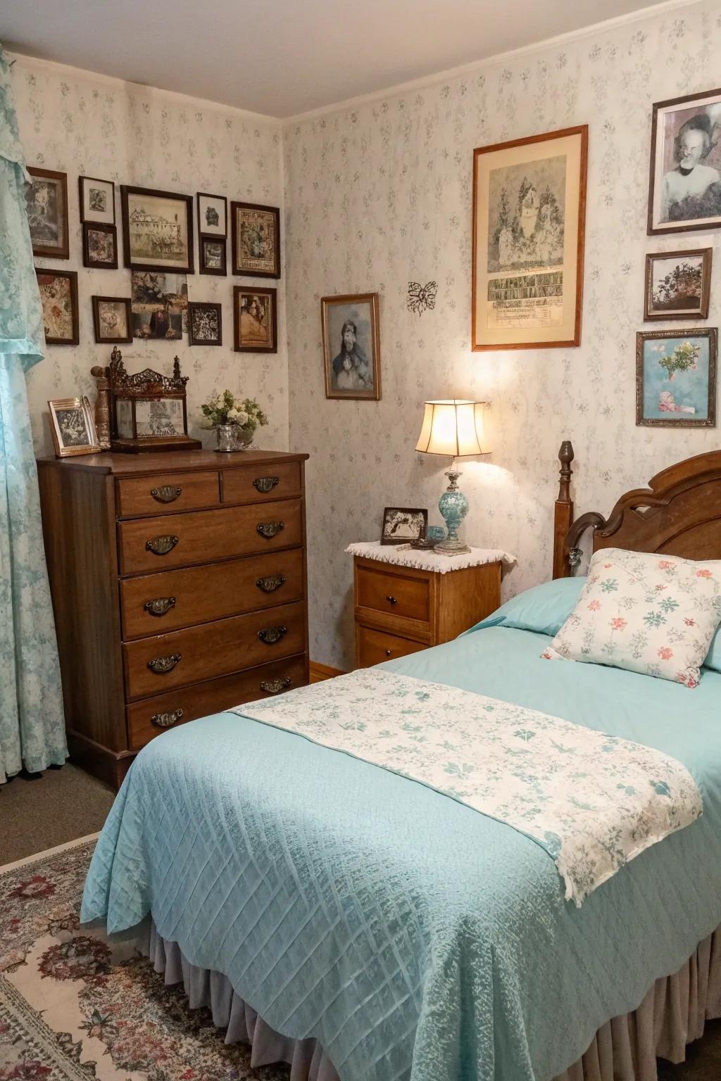 Pair light blue bedding with vintage elements for a nostalgic charm.