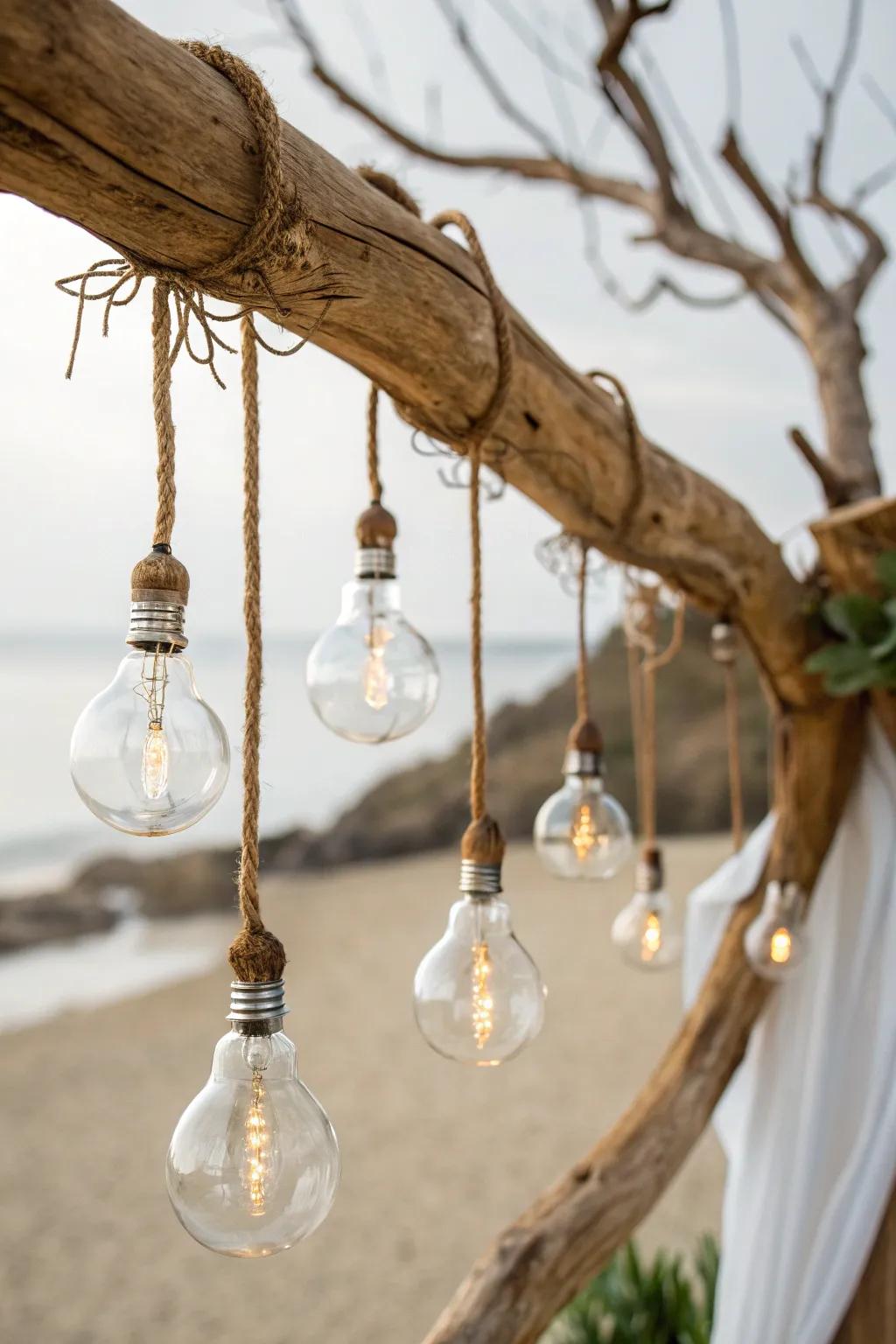 Embrace nature's elegance with this rustic light bulb branch display.