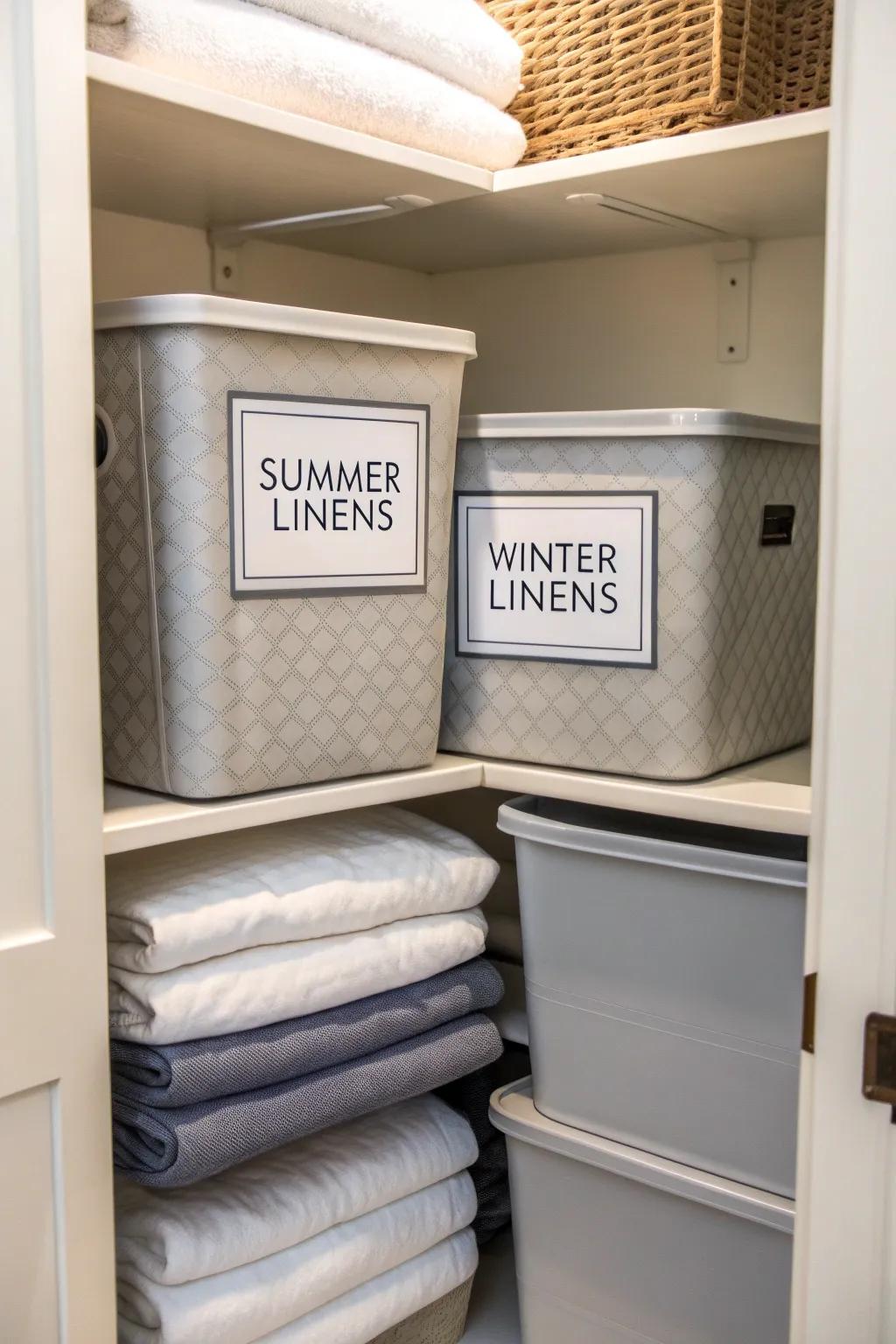 Seasonal linens stored separately for convenient access.