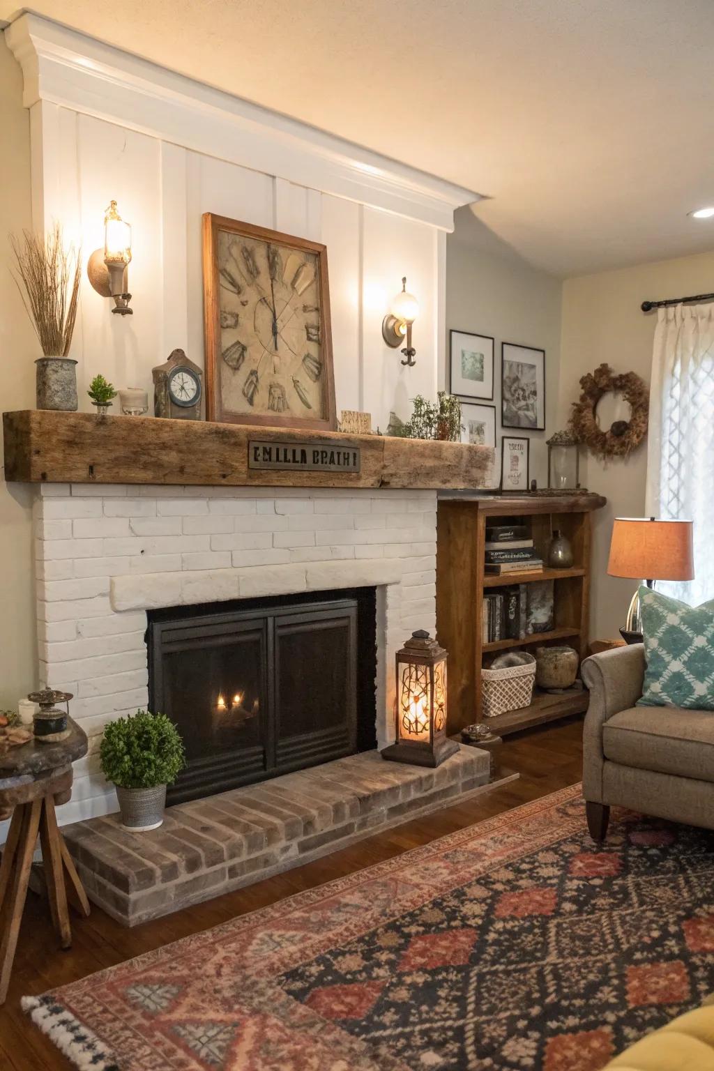 An eclectic living room featuring a reclaimed wood live edge mantel with vintage decor.