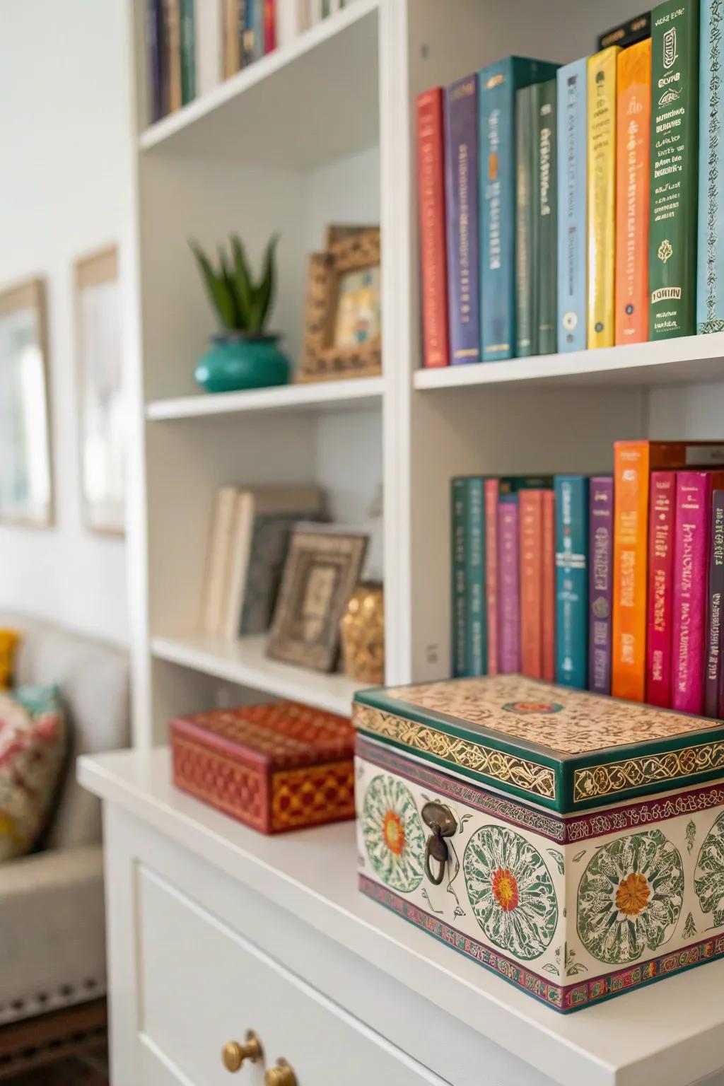 Decorative boxes provide stylish storage solutions.