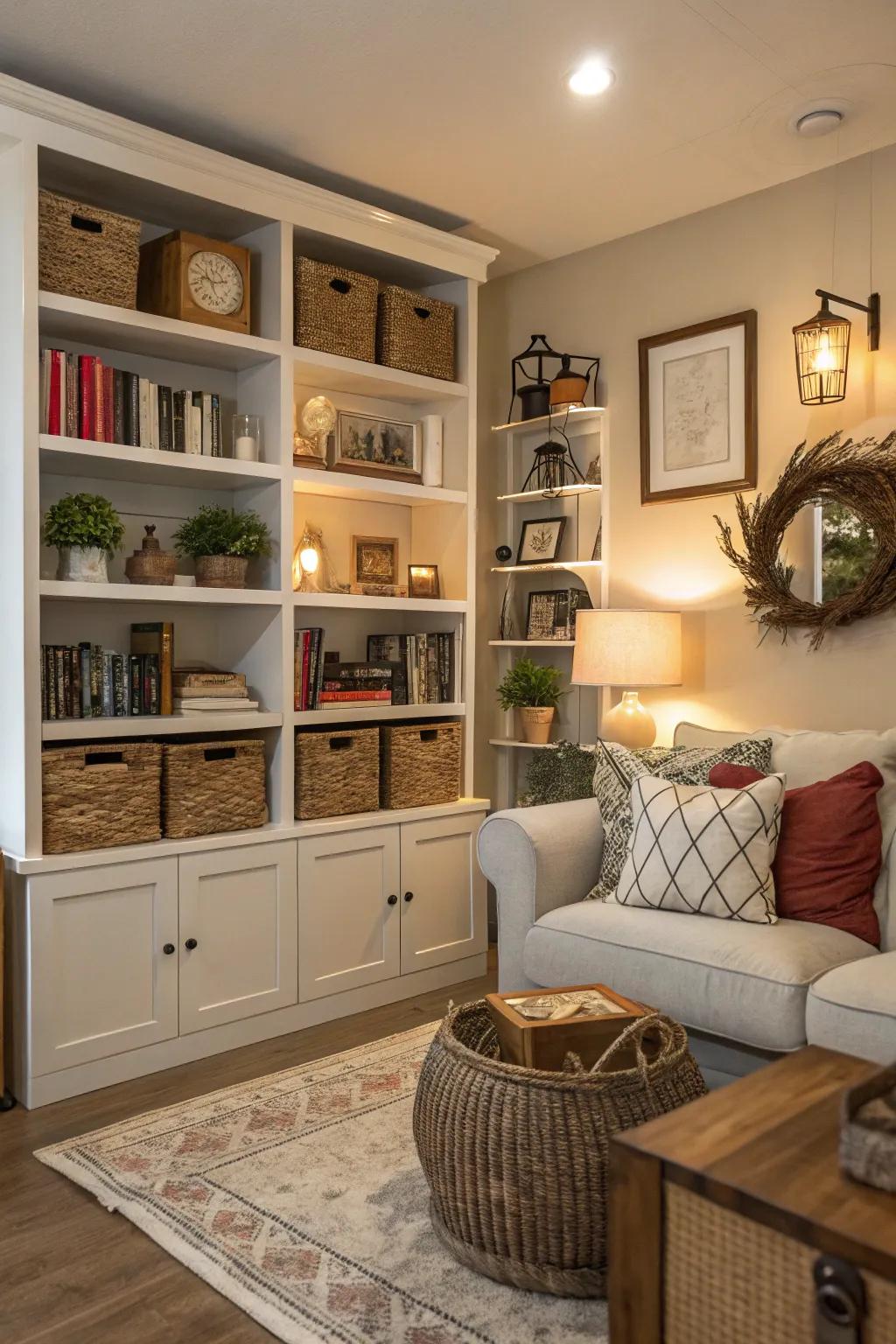 A living room that stays organized with stylish and smart storage solutions.