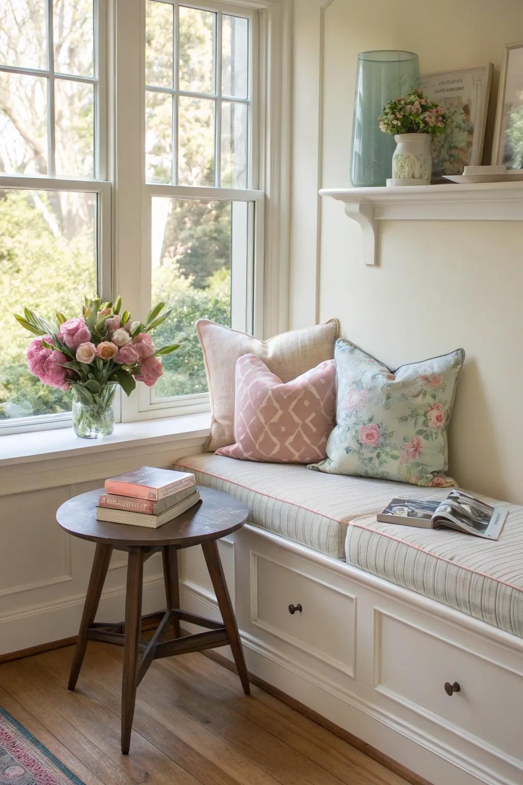 A practical corner bench nook for dining and relaxation.