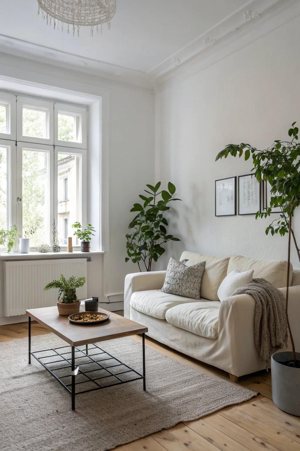 Soft whites create a clean and fresh look, ideal for a minimalist living room.