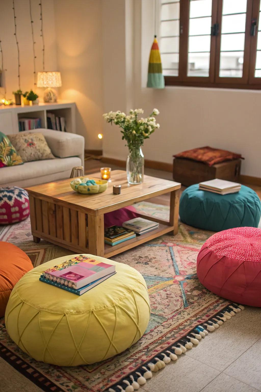 Floor cushions and poufs add a casual and bohemian flair.