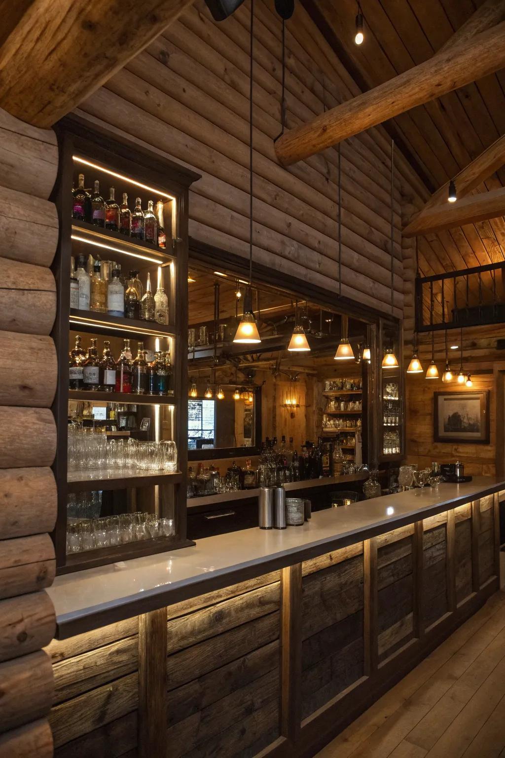 Mirrored shelving creates a spacious and reflective ambiance in this bar.