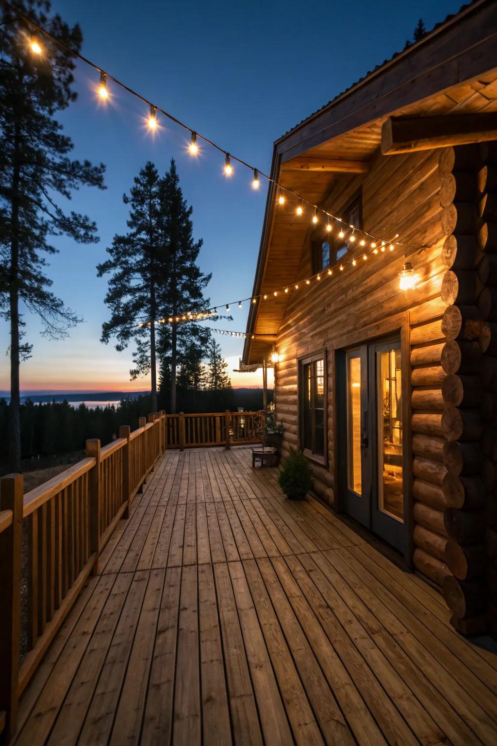 A log cabin deck aglow with string lights.