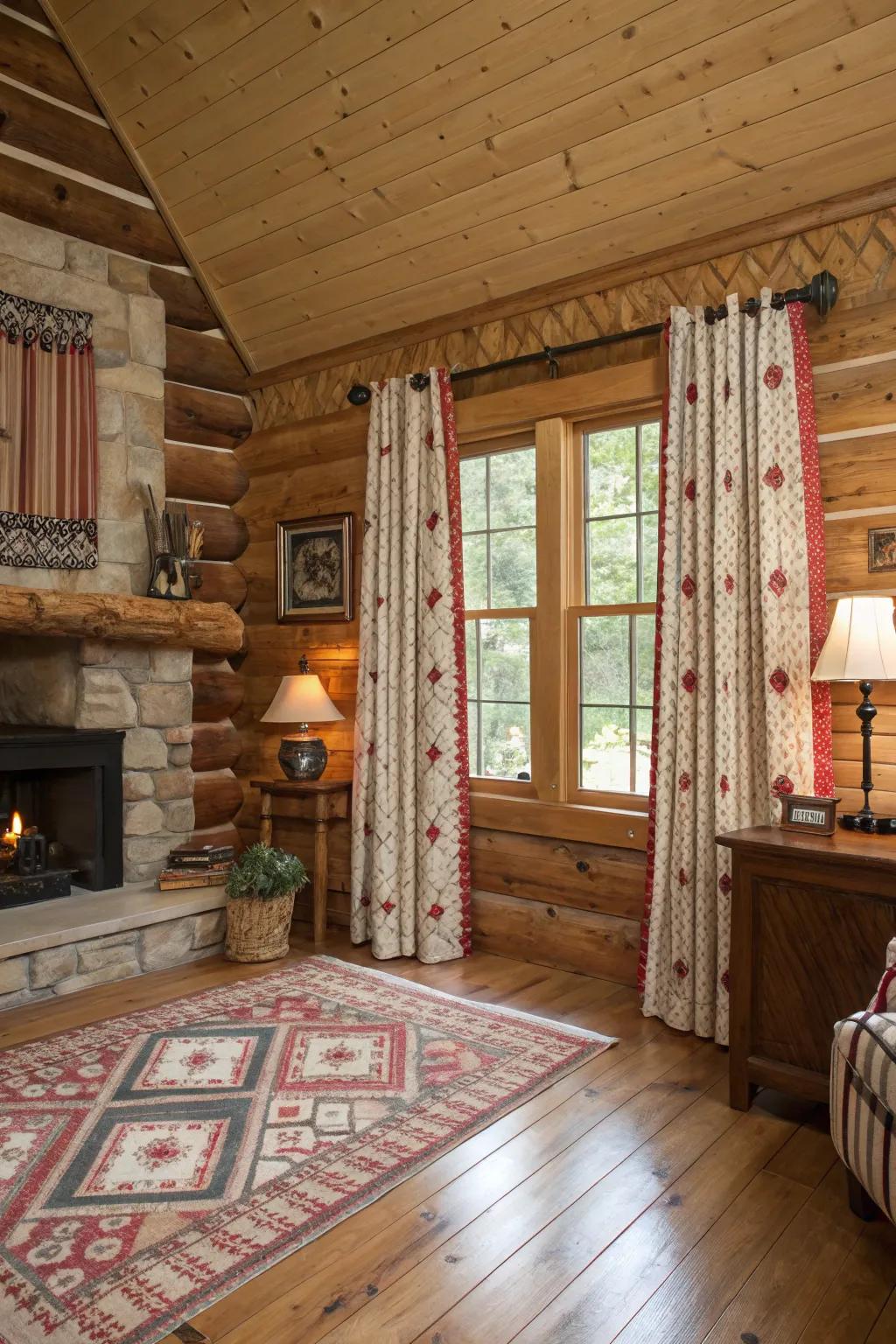 Patterned curtains add texture and privacy to a rustic log cabin room.