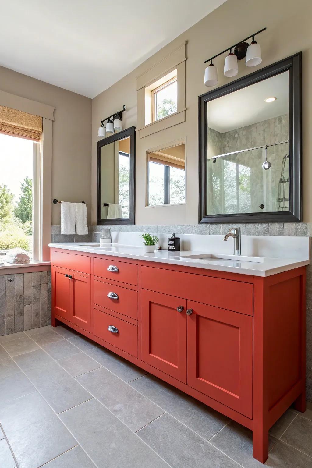 A colorful vanity can serve as a vibrant focal point in the bathroom.