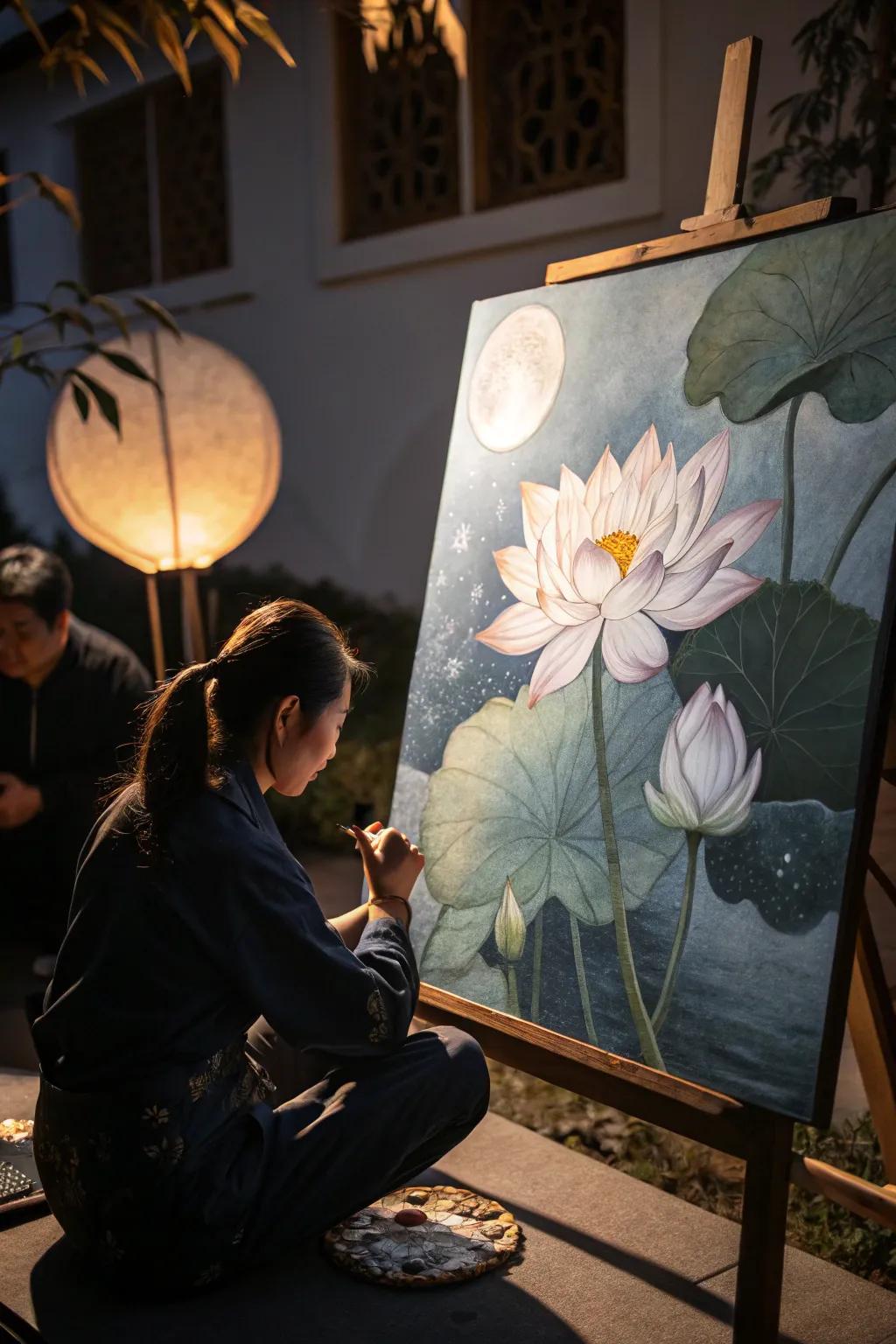 A mystical lotus painting under the moonlight.