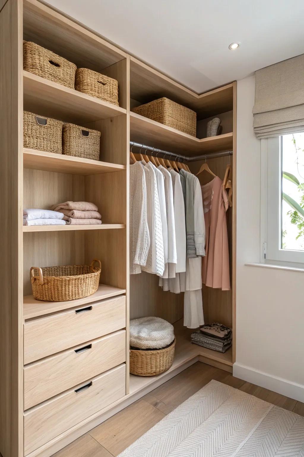Transform your nook into a stylish sanctuary with a custom corner closet that embraces simplicity and elegance.