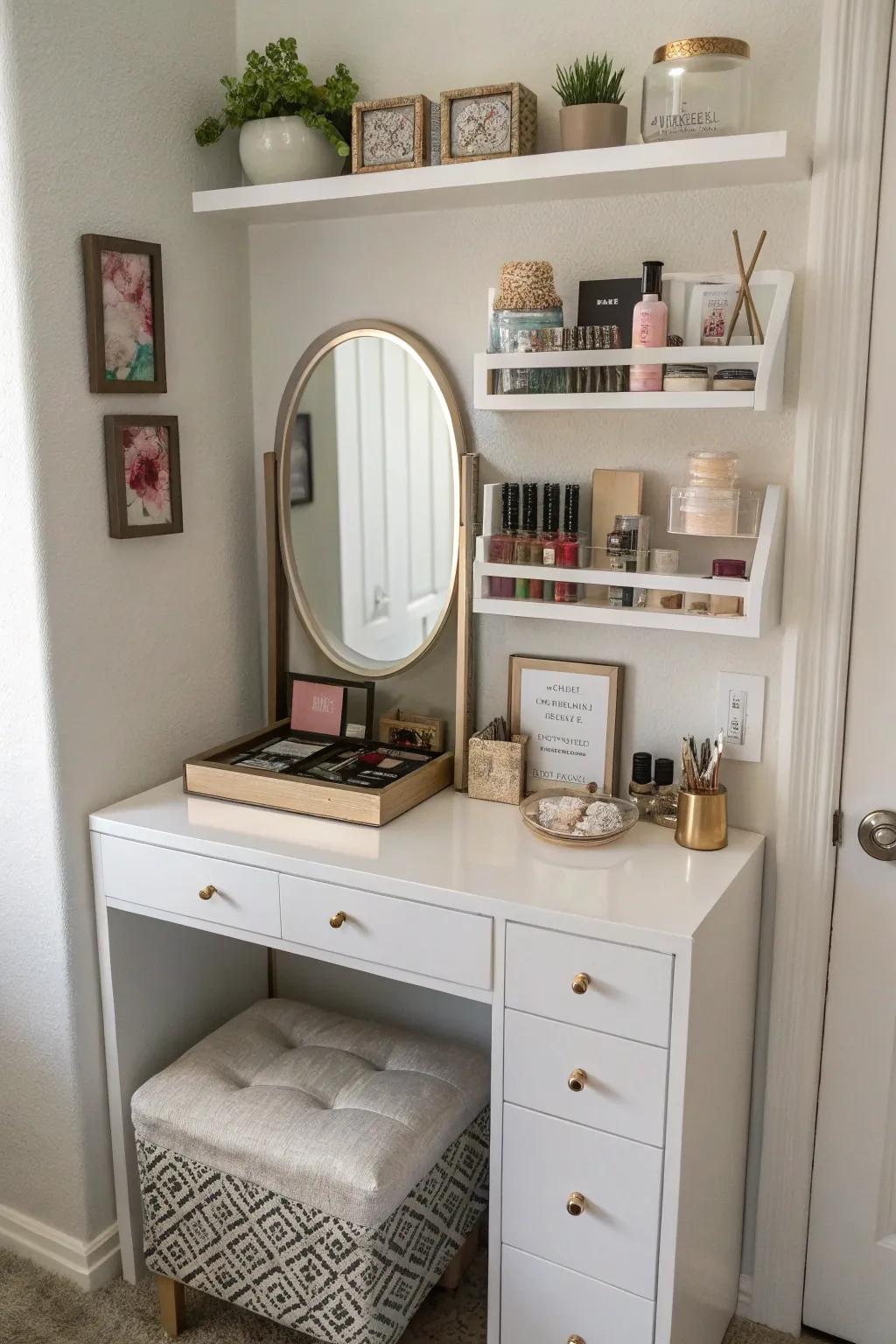 Shelving adds storage and style to compact vanity setups.