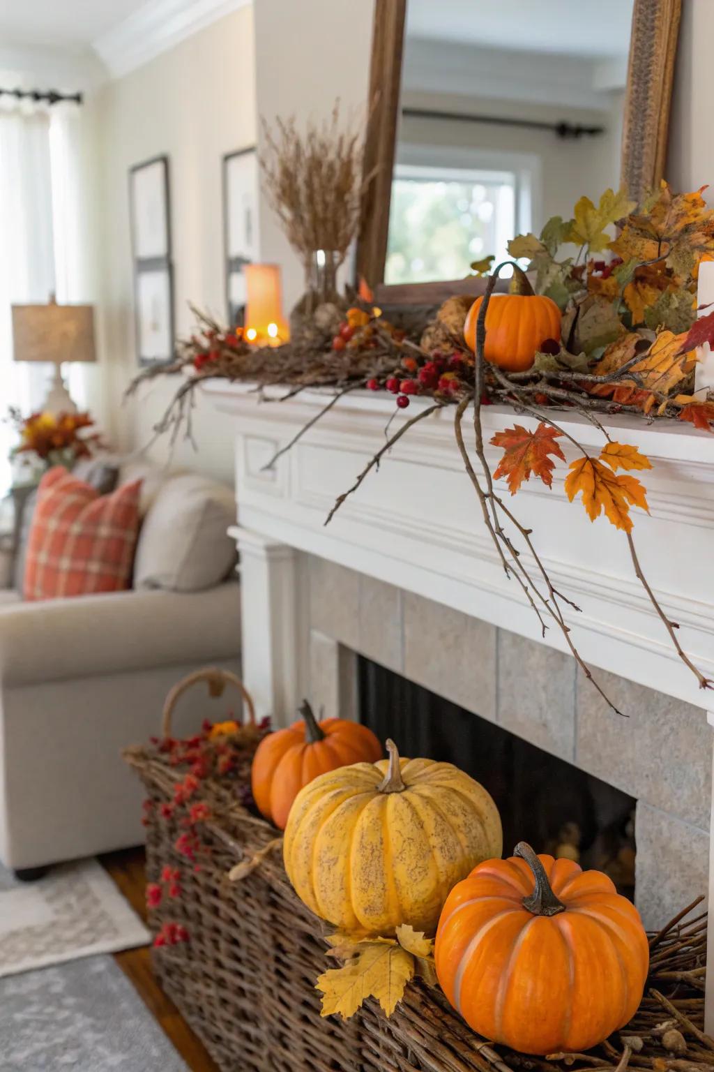 A fireplace mantel decorated with seasonal items.