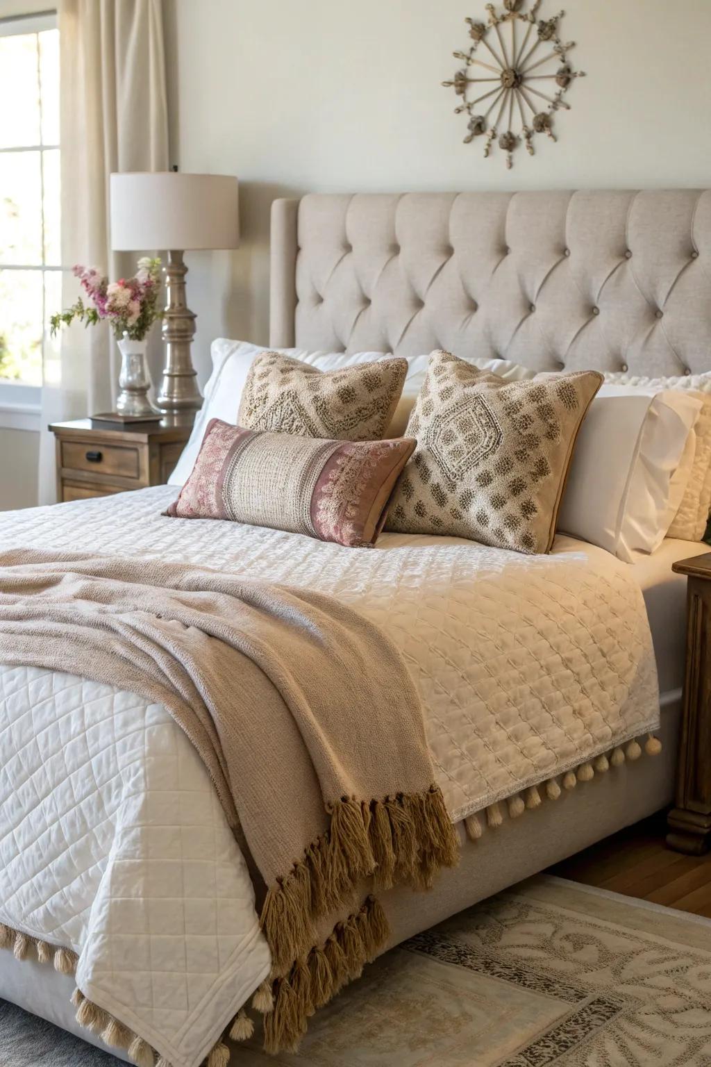 Stylish bedding creates a cozy and inviting atmosphere.