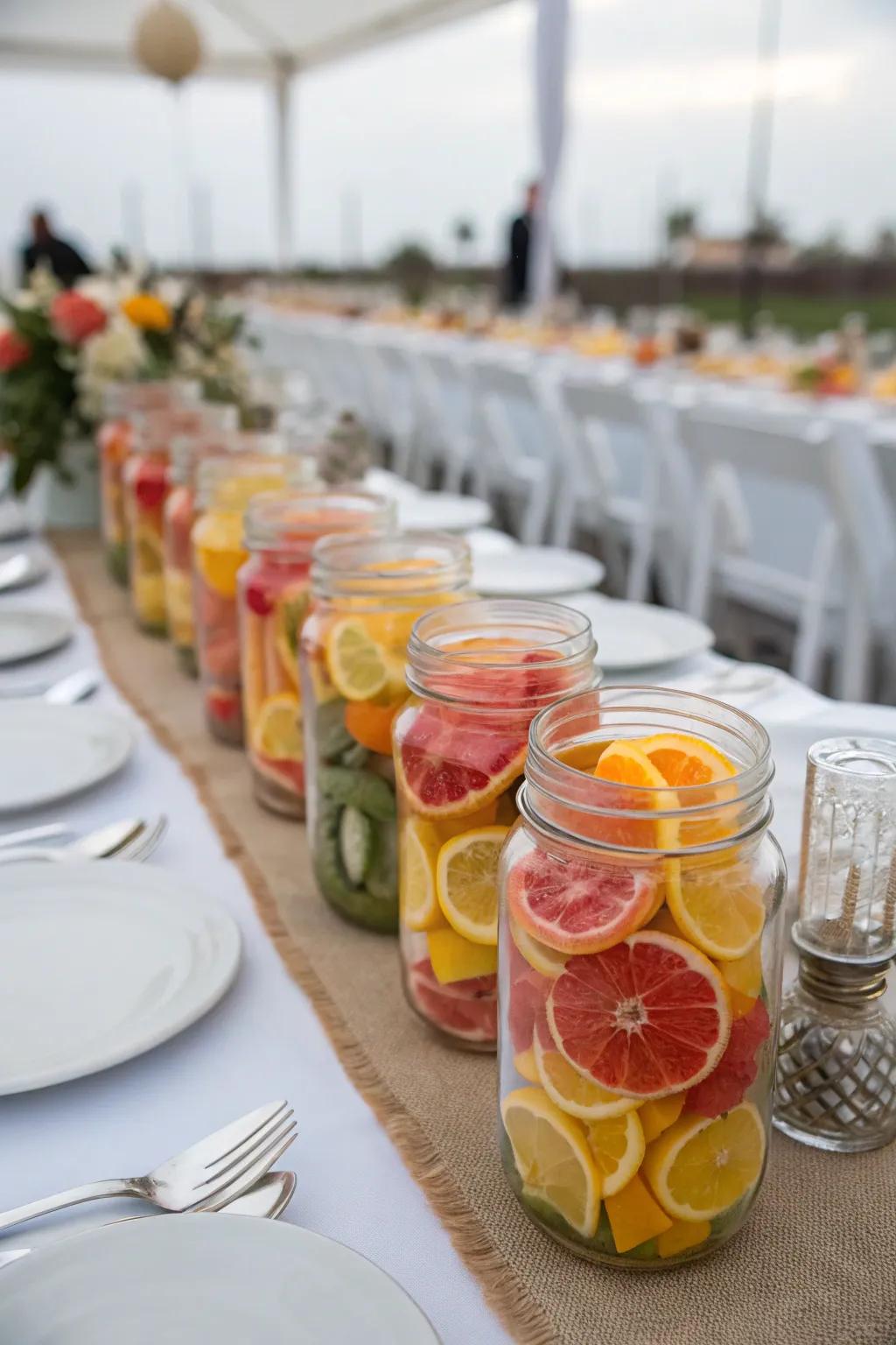 Colorful fruit-filled mason jars offer a fresh and vibrant centerpiece.