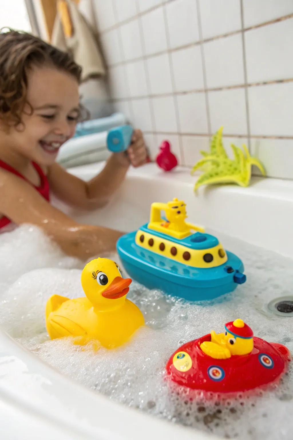 Bath toys turn routine baths into playful adventures.