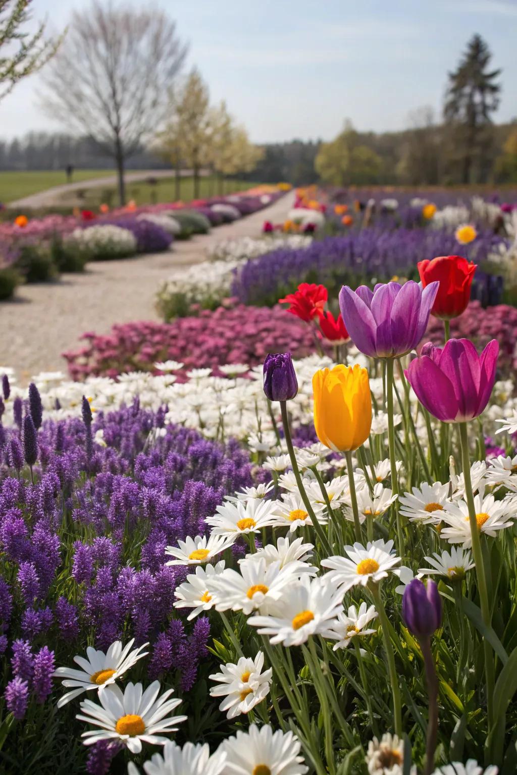 A vibrant flower bed with lavender, daisies, and tulips offers year-round beauty.