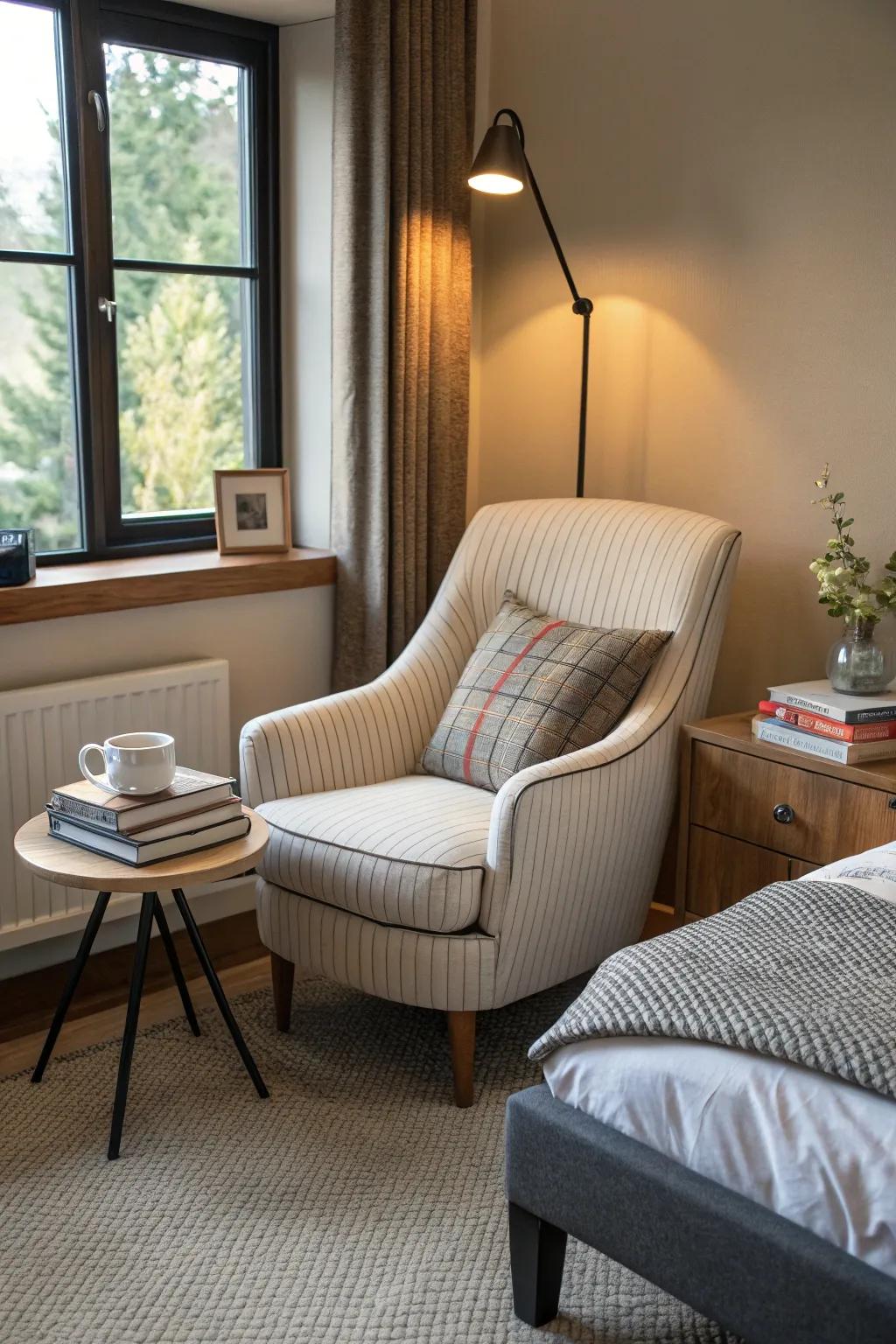 A reading nook adds charm and functionality to the bedroom.