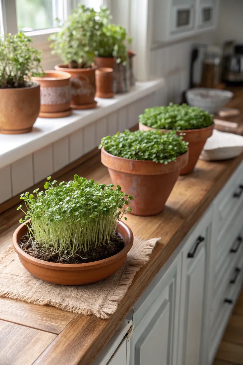 Classic terracotta pots are ideal for healthy microgreen growth.