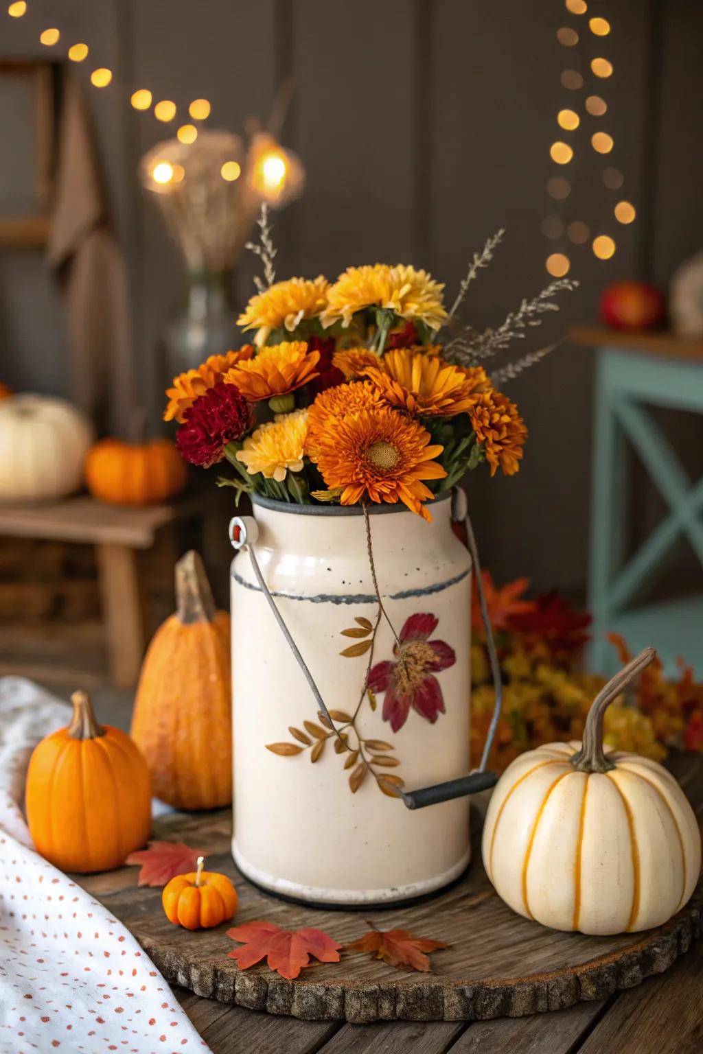 A milk can planter dressed for the fall season.