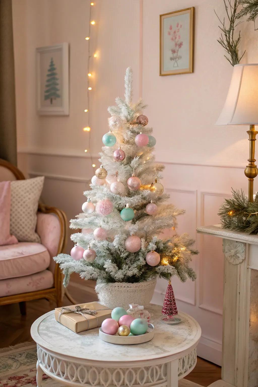 A pastel wonderland-themed mini Christmas tree.