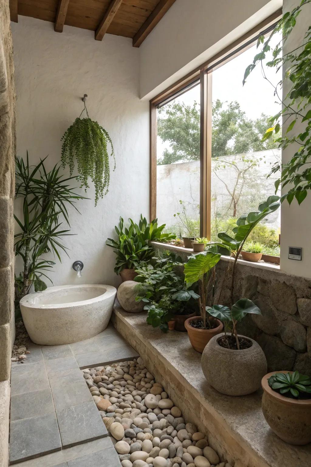 A minimalist bathroom with refreshing natural elements.