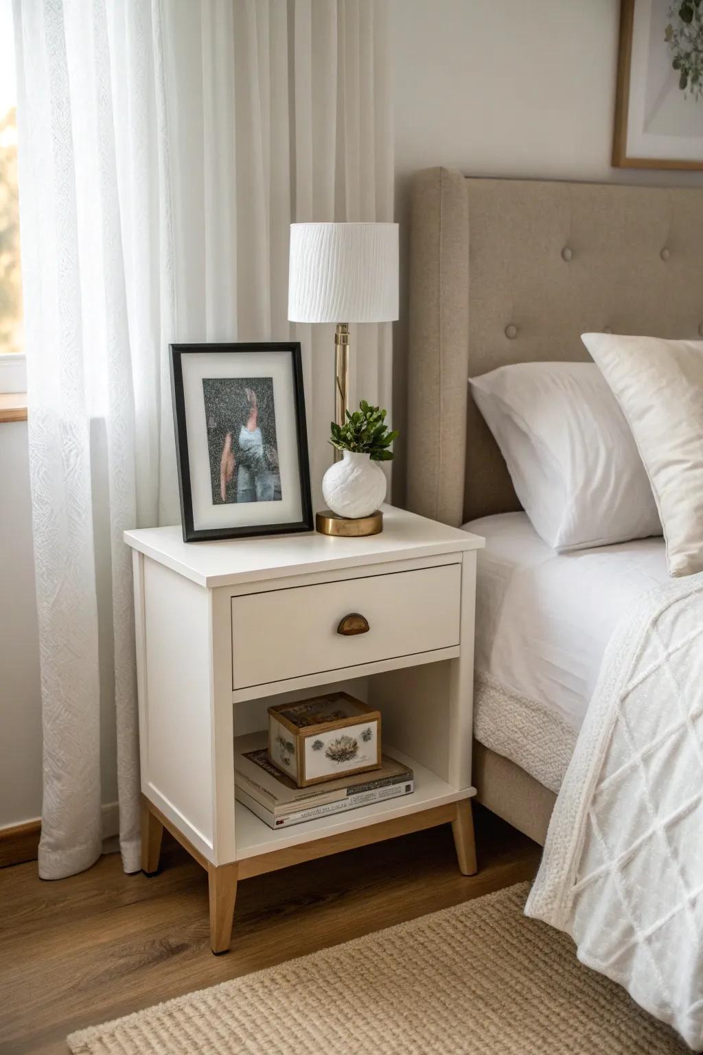 A personal photo adds a warm touch to your nightstand decor.