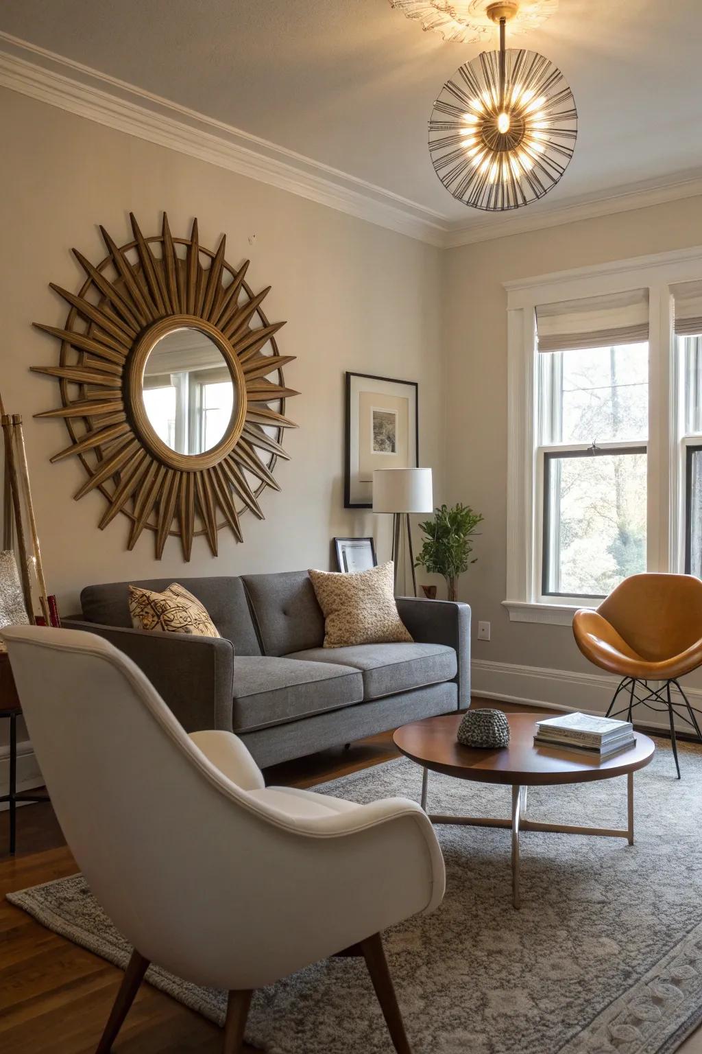 Sunburst mirrors add glamor and flair.