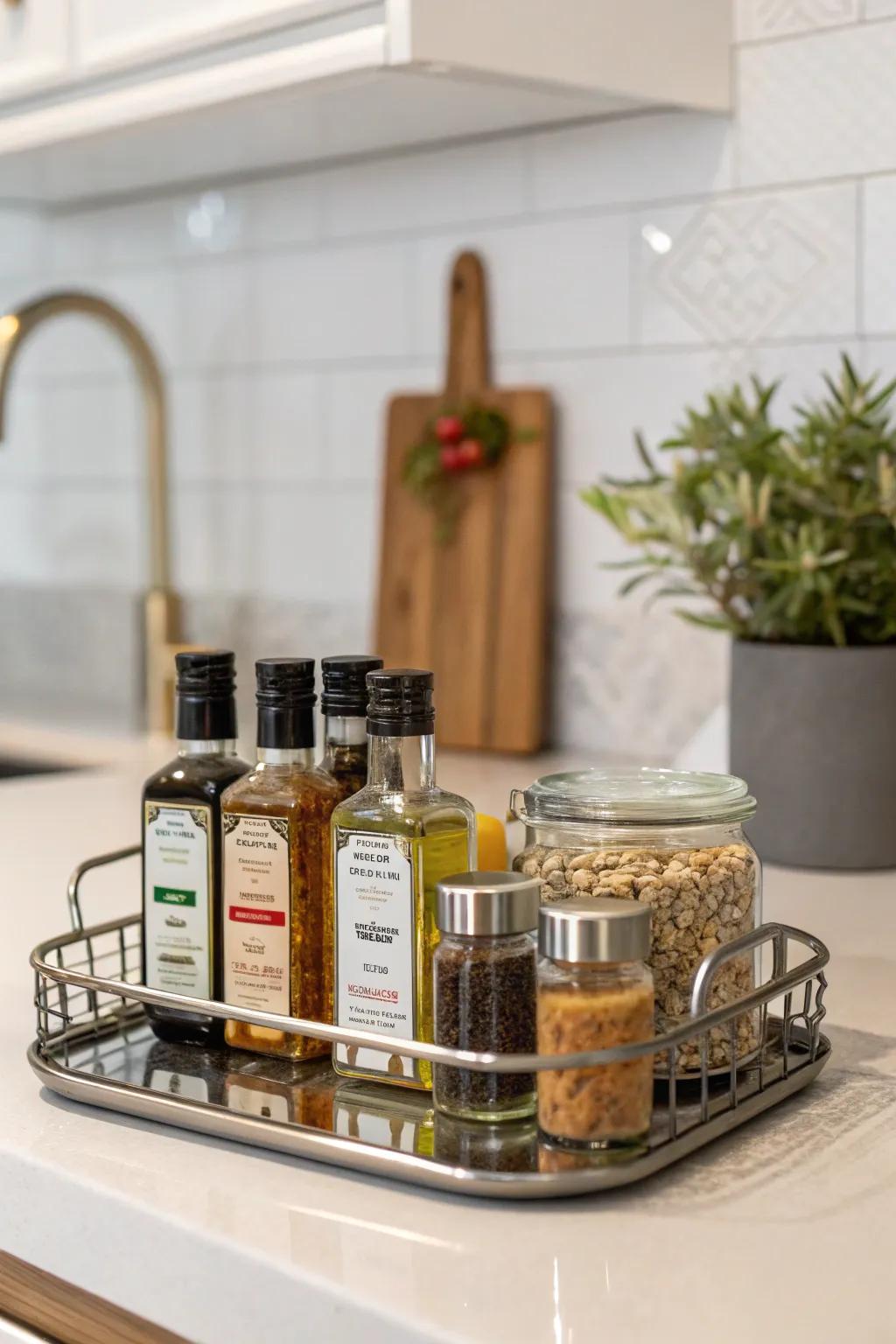 A mirror tray adds style and organization to your kitchen counter.