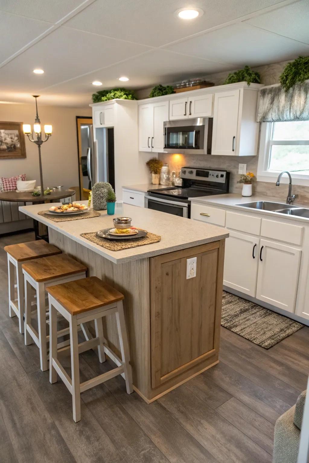 A drop-leaf island provides flexibility in a compact kitchen layout.