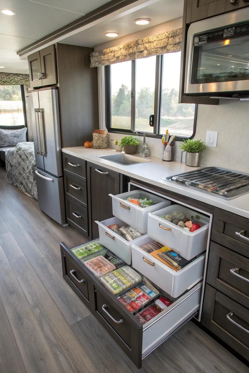 A mobile home kitchen featuring smart and efficient storage solutions.