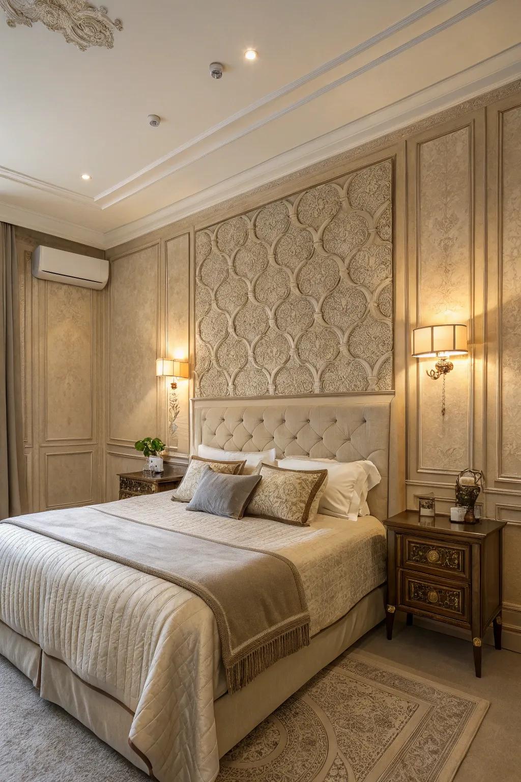 Wall paneling adds architectural interest to a beige bedroom.