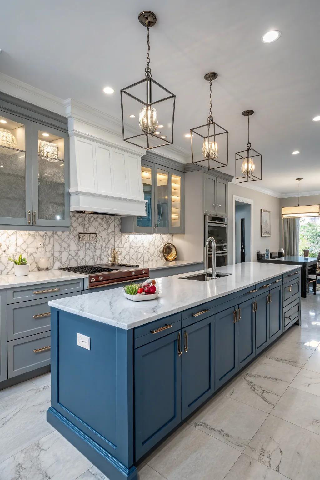 Blue and gray cabinets create a harmonious and elegant kitchen space.