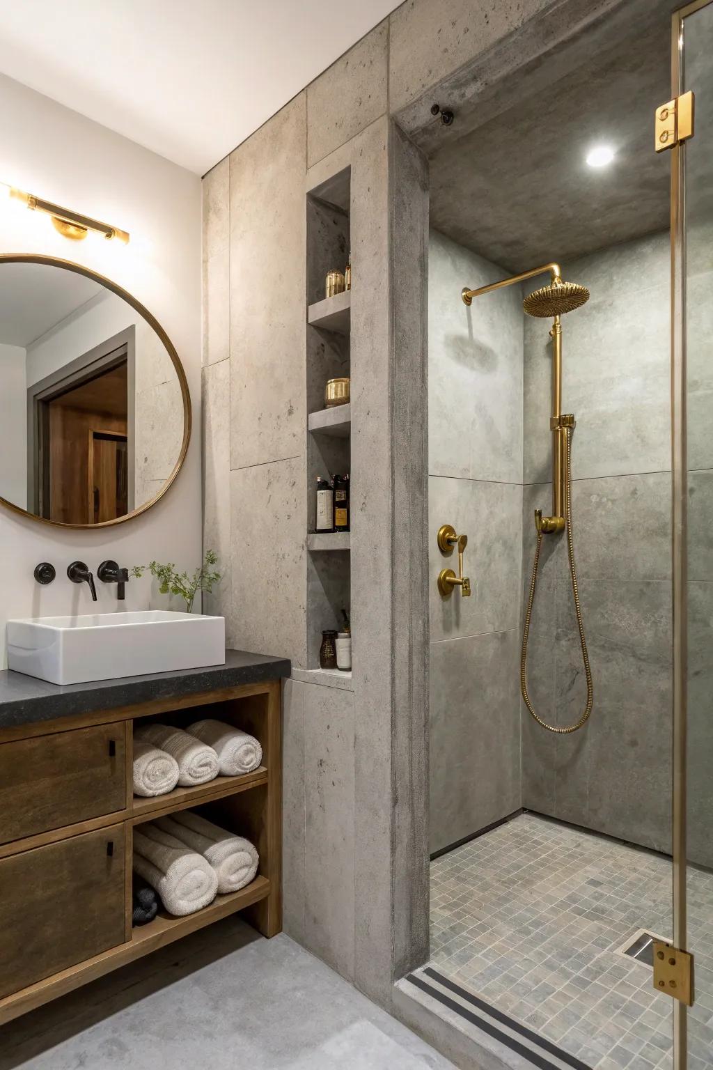 A bathroom where concrete and brass create a harmonious shower space.