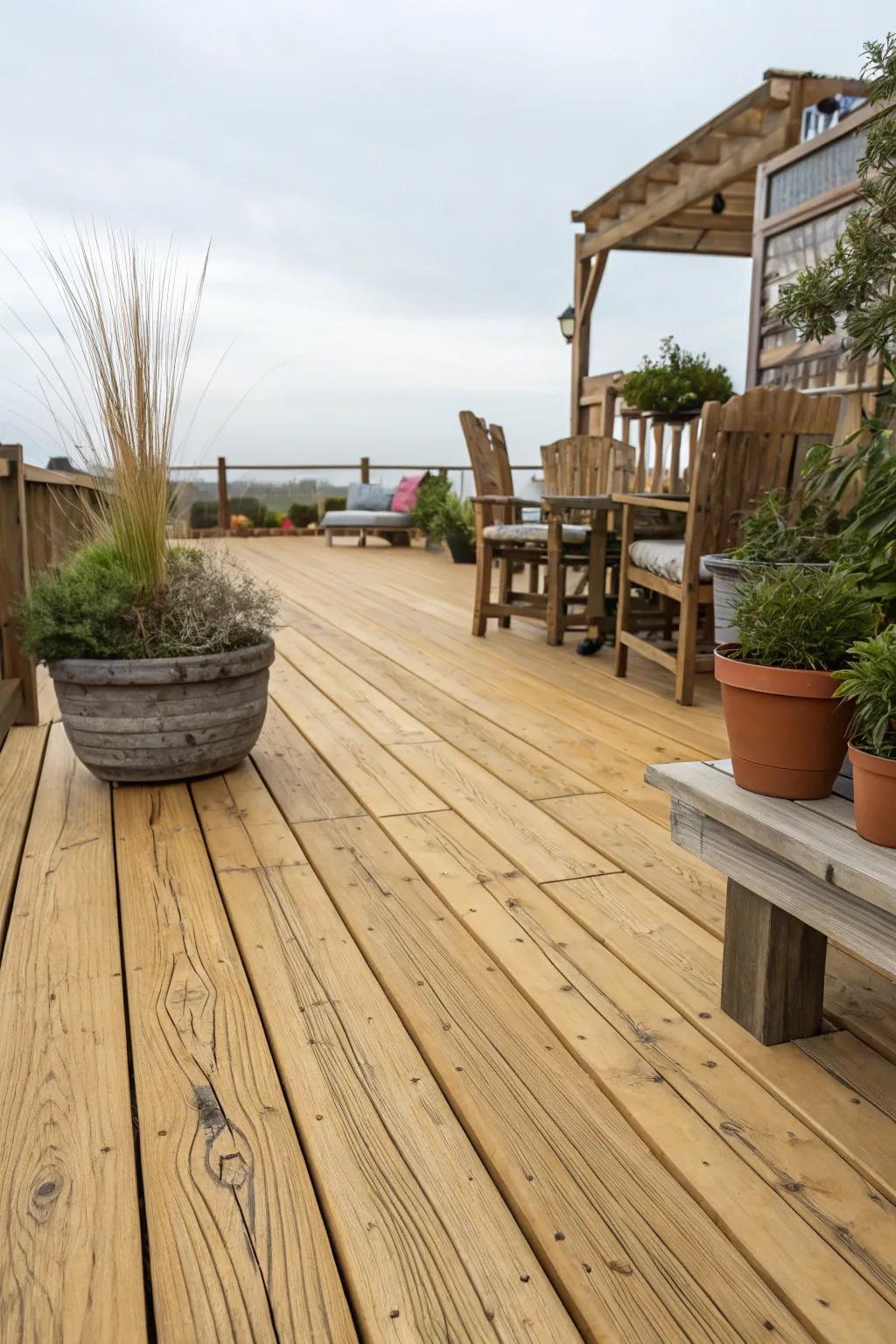 Natural clear decks celebrate the wood's inherent beauty, ideal for rustic aesthetics.