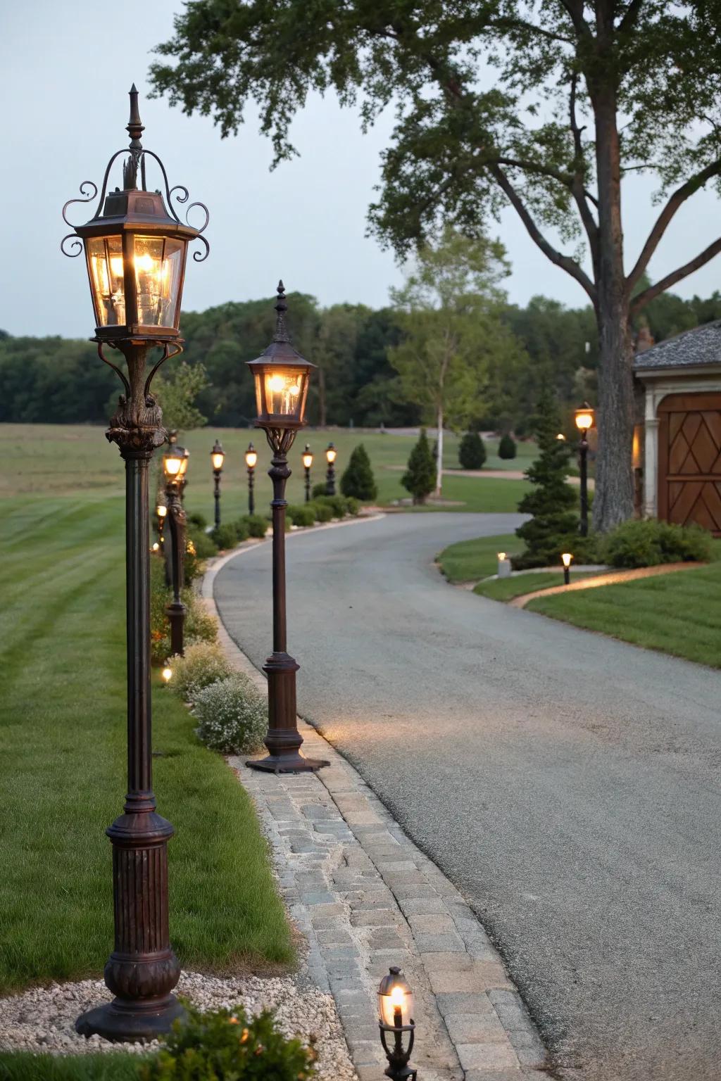 Vintage-style lantern posts illuminate the driveway with farmhouse charm.