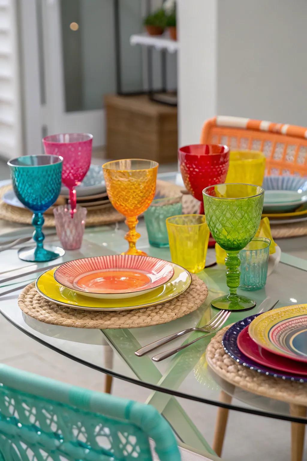 Colored glassware adds a playful and vibrant touch to a dining table.