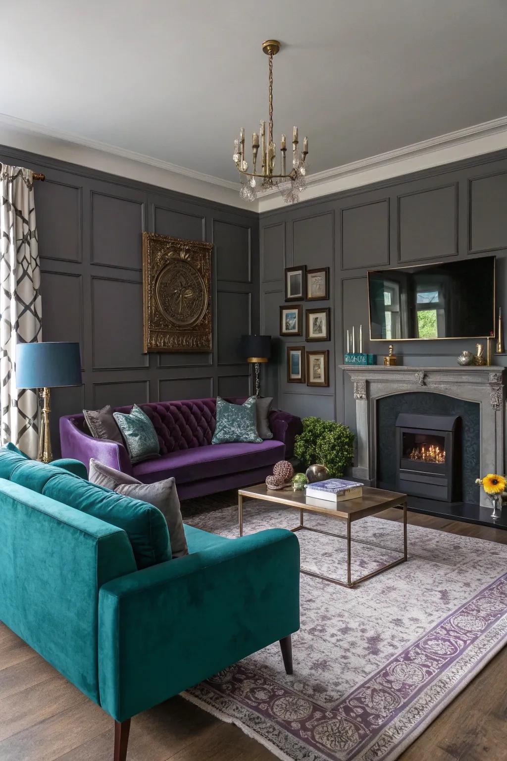 Jewel tones bring vibrancy and depth to a gray living room.