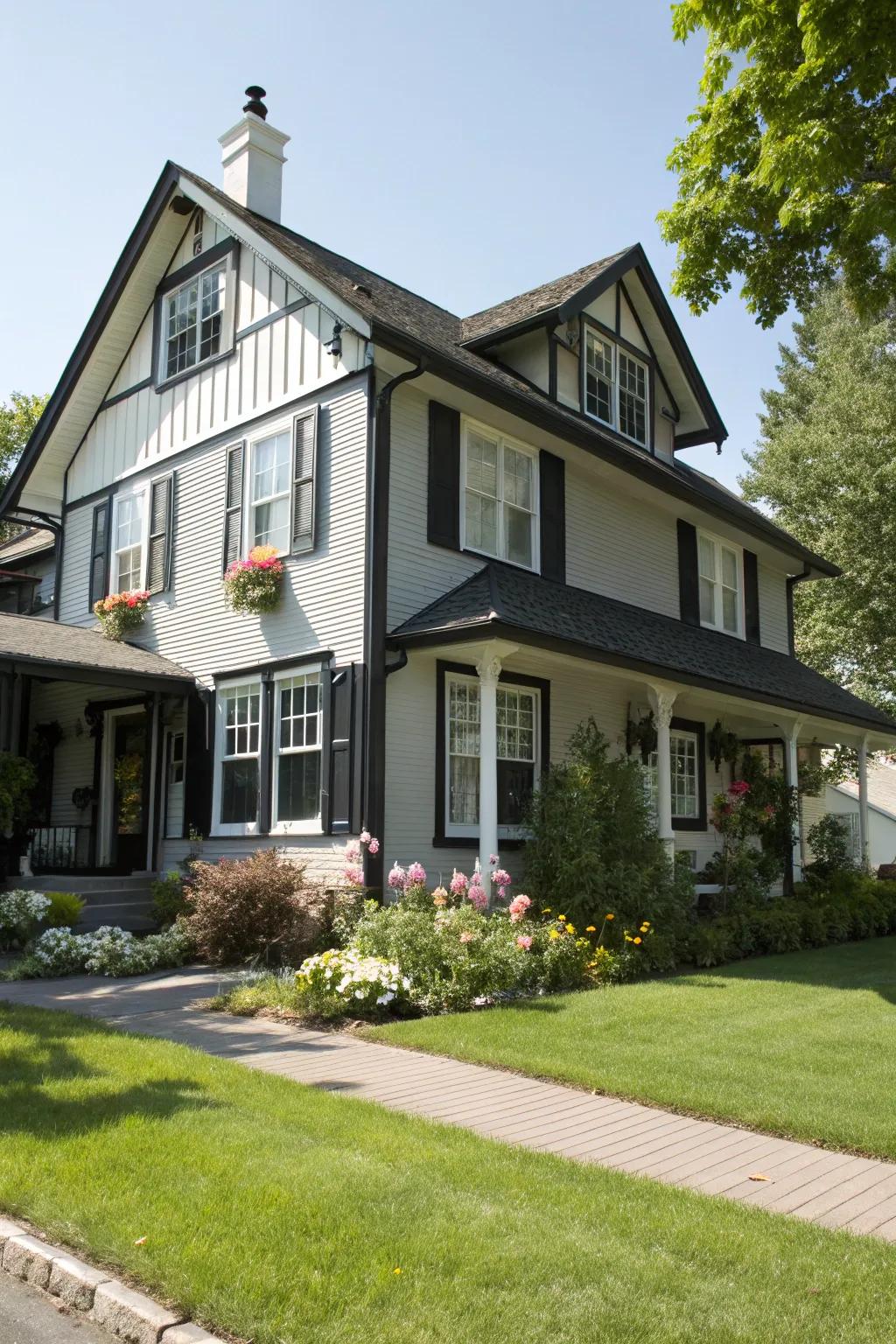 A traditional house with a grey exterior, black trim, and white accents, basking in sunlight.