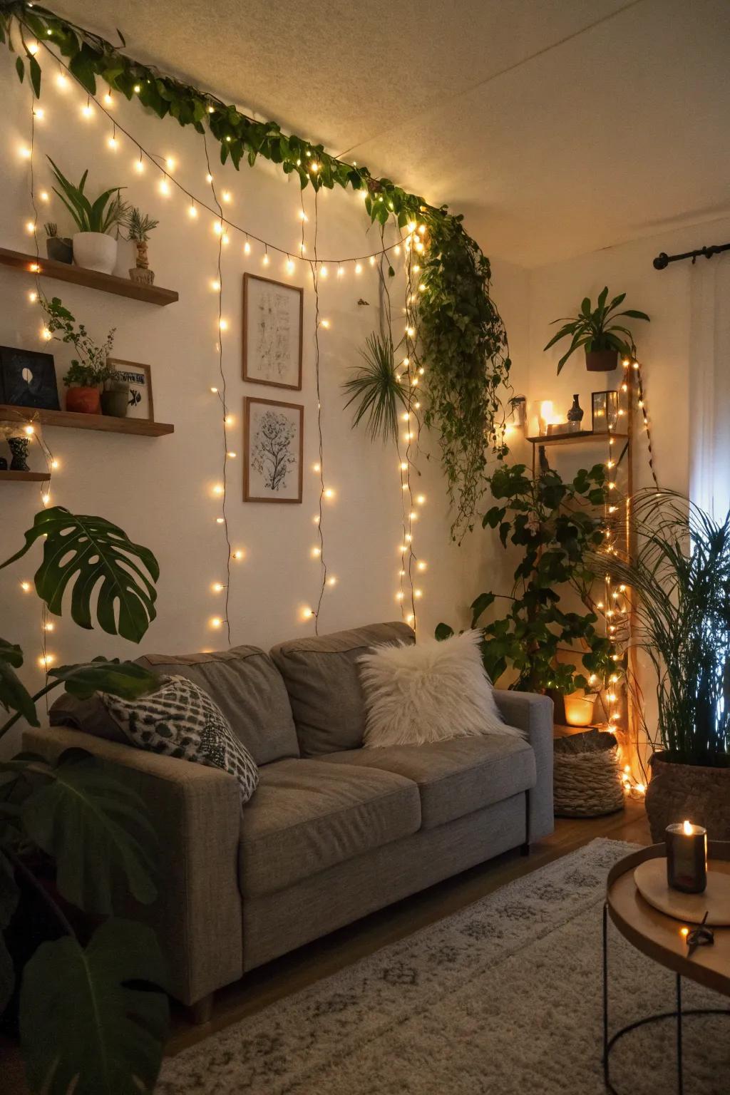 Fairy lights add a touch of magic and ambient lighting to the living room.