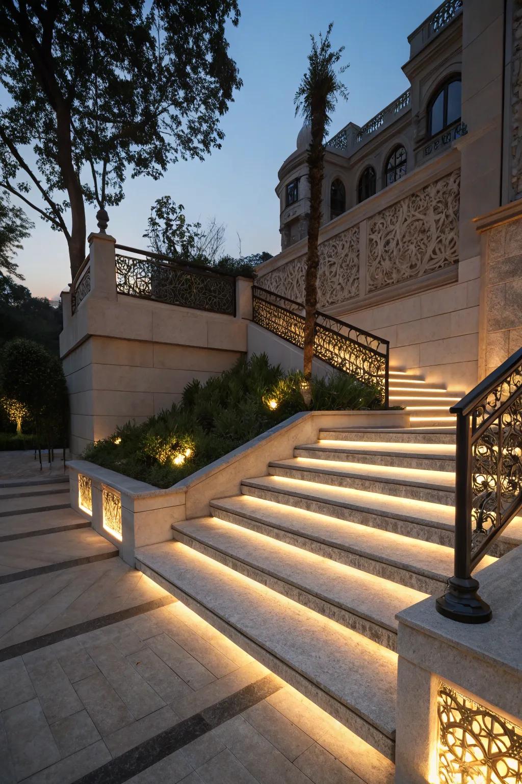 Up and down lighting creating a dramatic and artistic effect on outdoor steps.